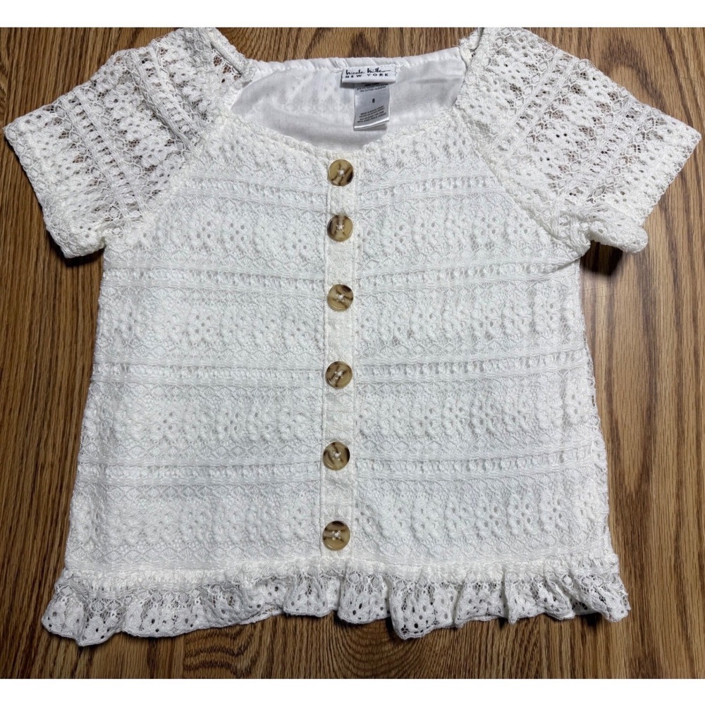 Nicole Miller Girls Size 8 White Lace Eyelet Button‎ Front Ruffle Blouse Girly